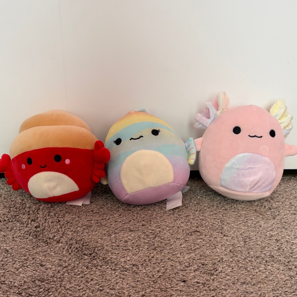 Squishmallows crab, fish, and axolotl